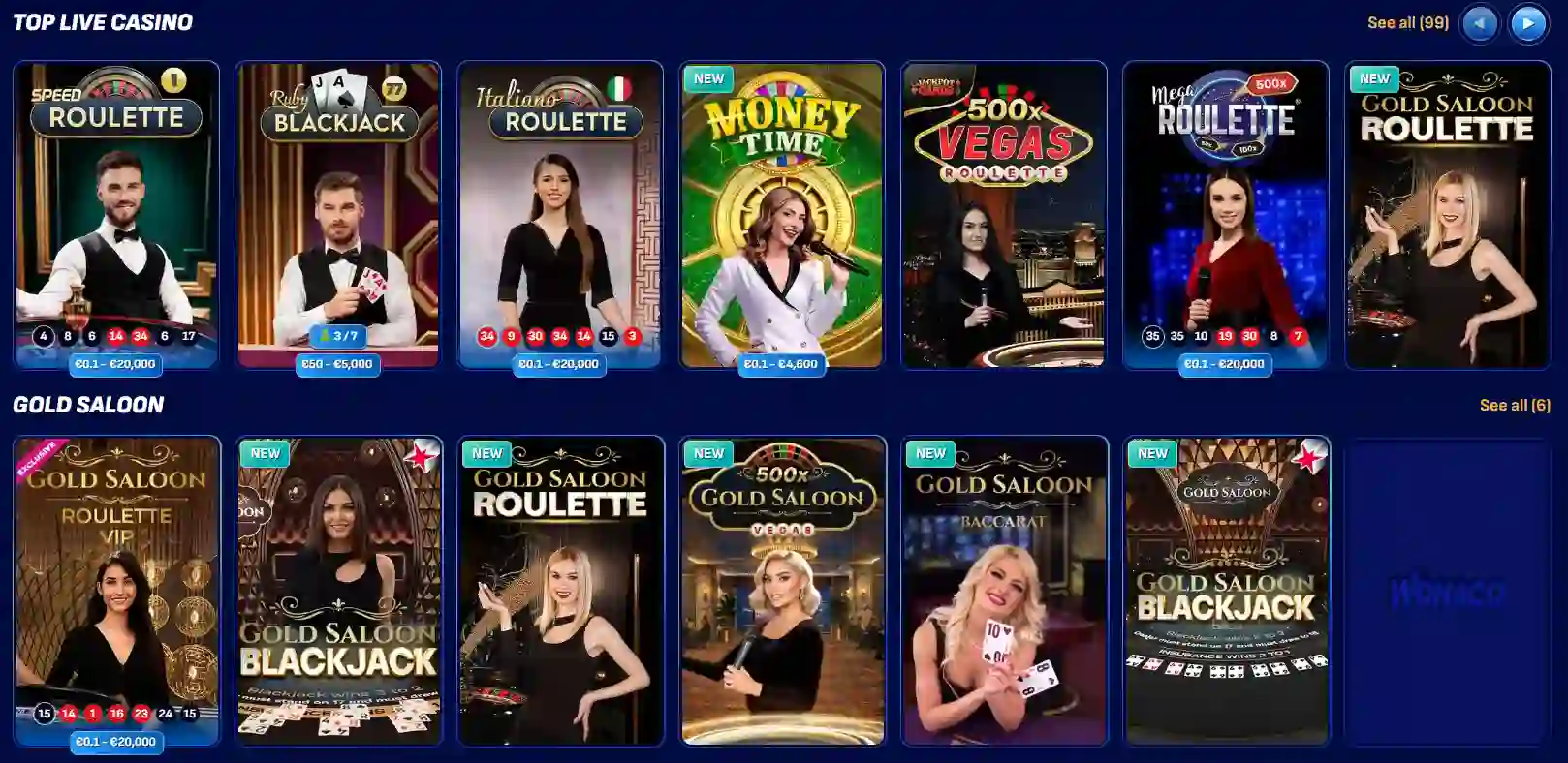 Wonaco live-casino lobby showing several live table formats