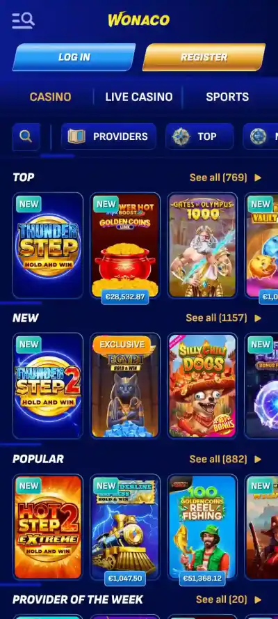 Wonaco casino page displayed in a mobile browser