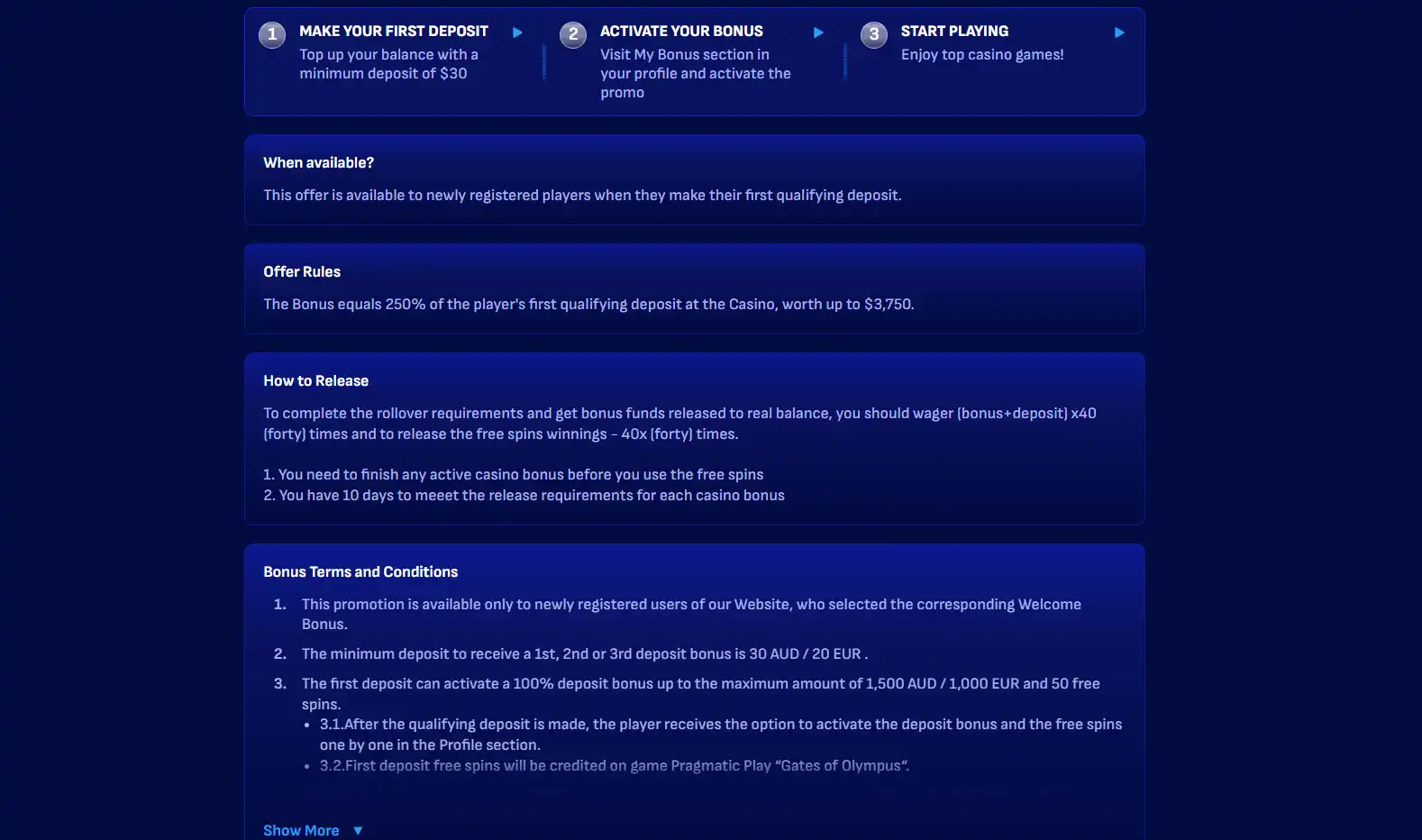 Wonaco payment area showing available deposit categories