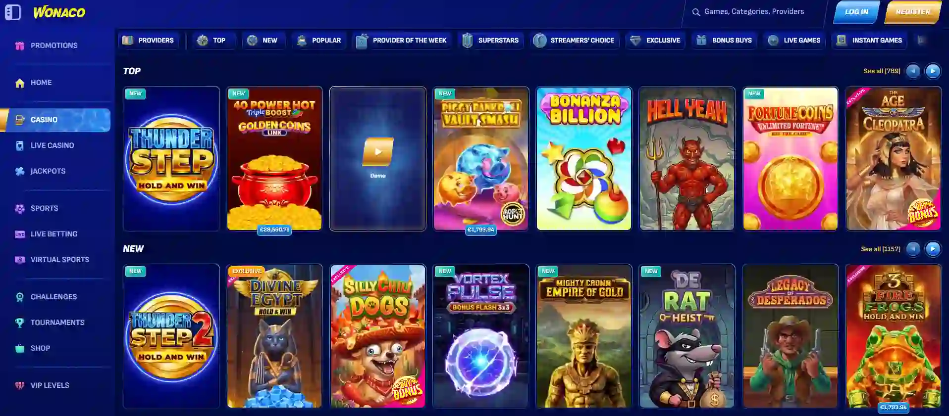 Wonaco AU gamehall showing casino category navigation